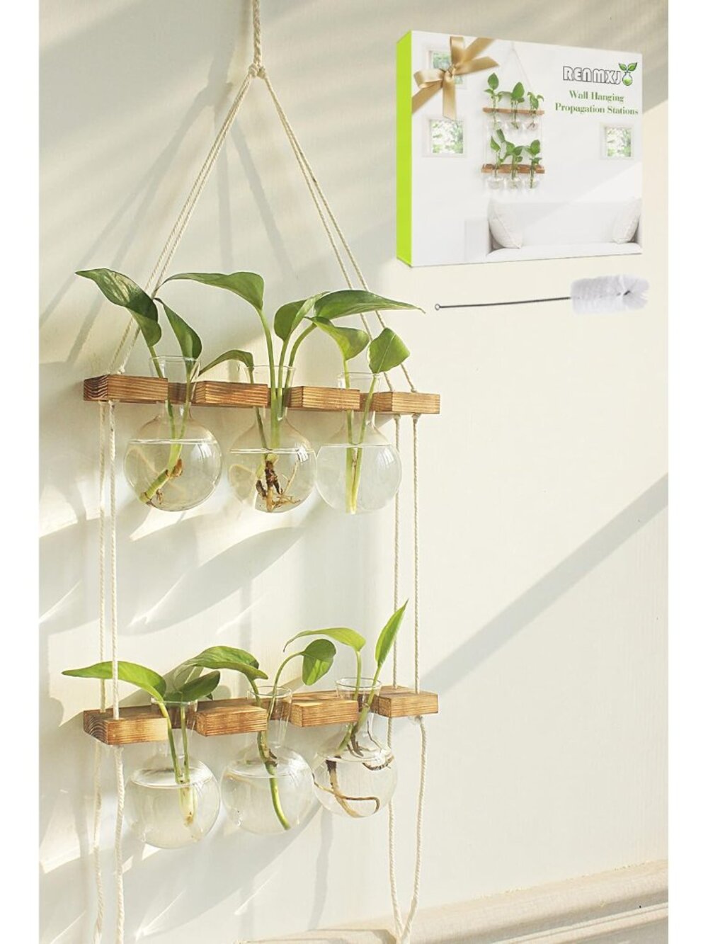 Plant Propagation Station Wall Hanging, Plant Terrarium With 2 Tiered Wooden Sta